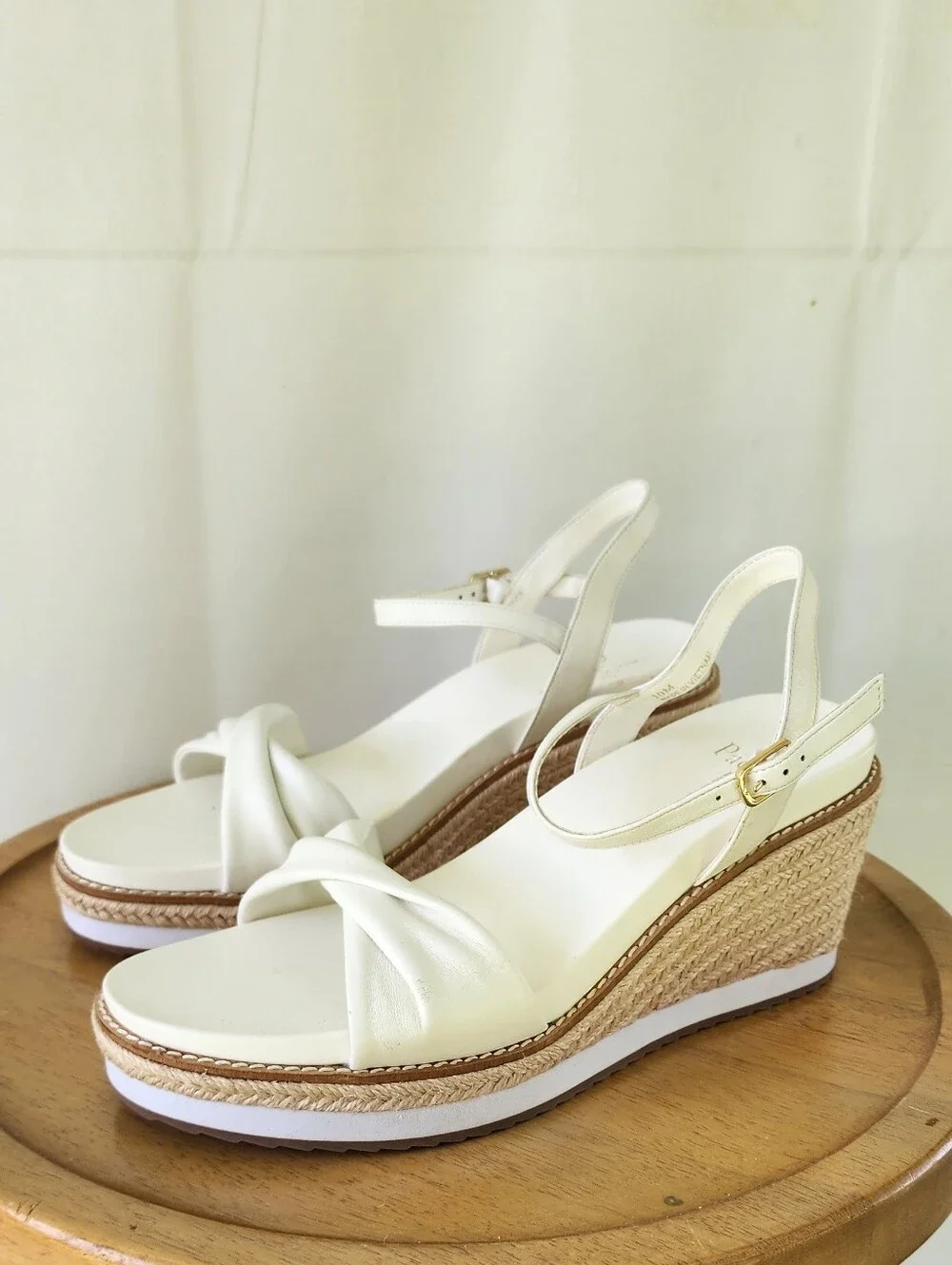 Linea Paolo Verona White Wedge Sandals with Knotted Front and Ankle Strap